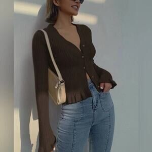 Commense Chic Ruffled Trim Button Stretch Casual Cardigan Chocolate Brown NWT M